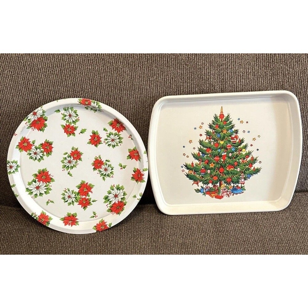 2 Vintage Poinsettia Christmas Serving Cookie Trays Plastic White Seasonal Tree